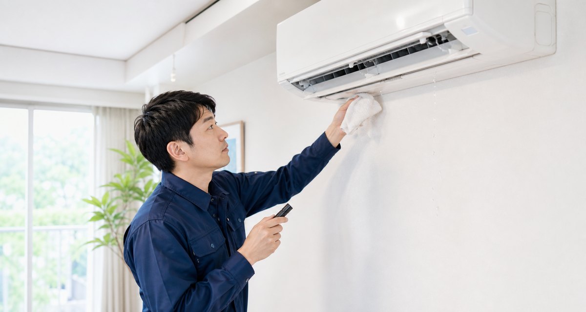 室内機の水漏れ箇所を確認するエアコン修理スタッフ