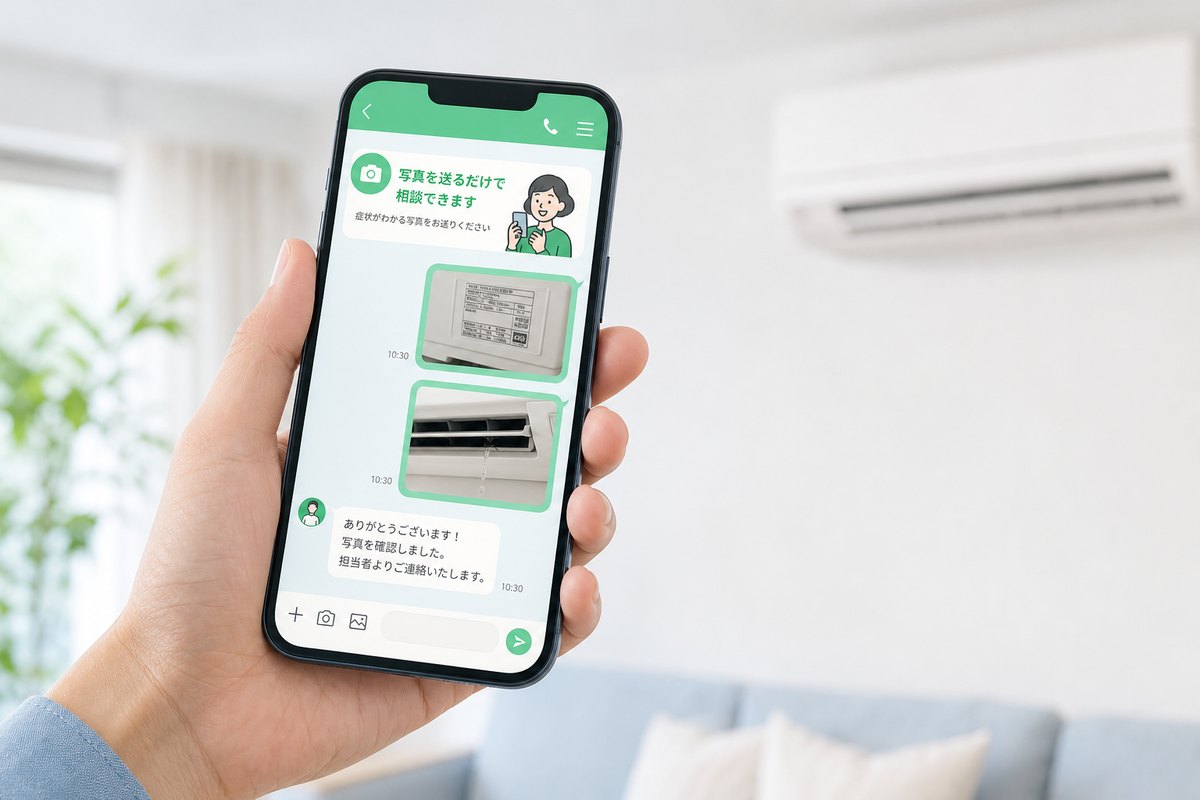 スマホで型番シールと症状写真を送るLINE写真相談のイメージ