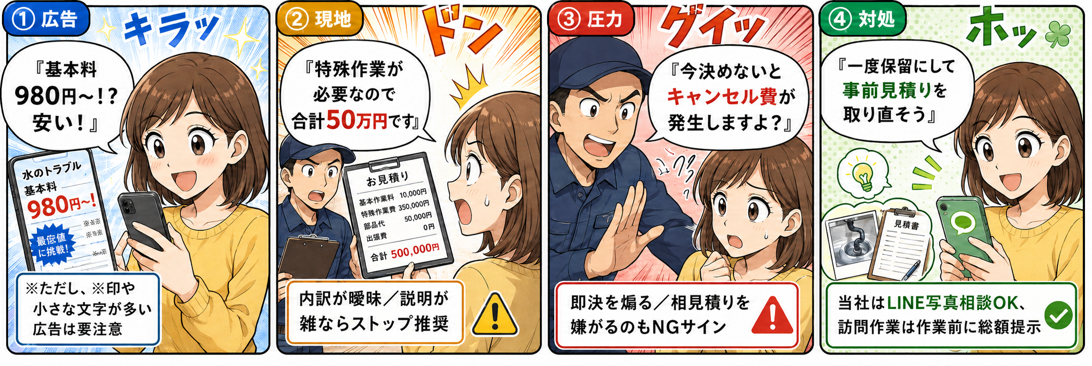 安すぎる広告、現地で高額見積り、即決を迫る業者に注意。LINE写真相談と作業前の総額提示で確認できます