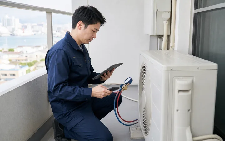 神戸市で室外機の動作とガス圧を確認する作業イメージ
